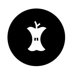 Piktogramm mit schwarzem Kreis und einem Apfel-Kerngehäuse in Weiß in der Mitte.